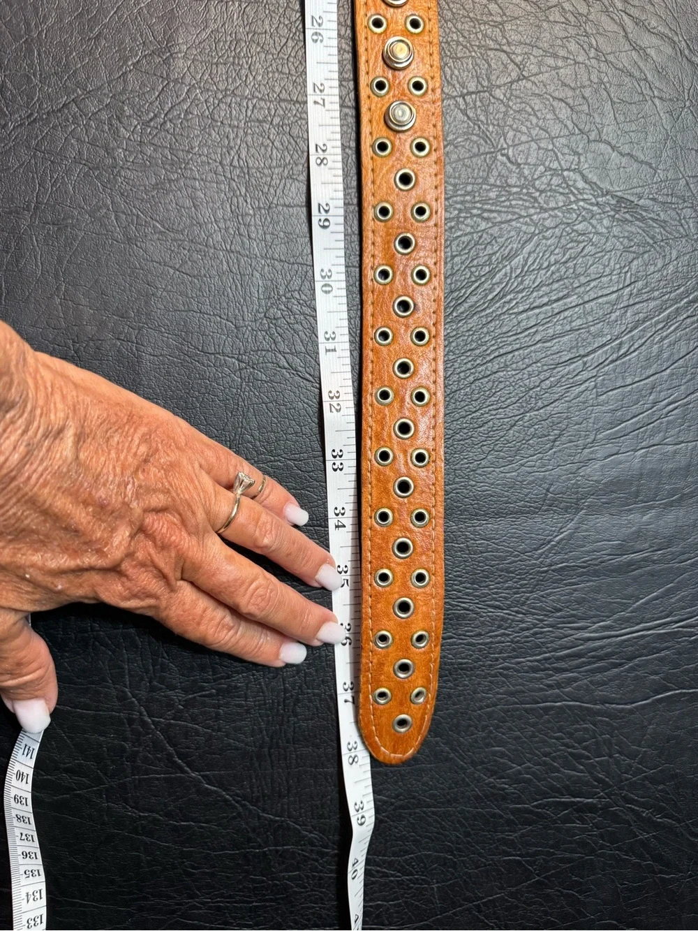 Chico’s M/L Leather Belt Heart Buckle Studded Grommet Western Boho Morocco 38”